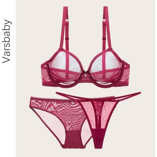 Varsbaby sexy see through lingerie 3pcs womens bra + middle waist panties + lace thong comfortable and breathable bra set