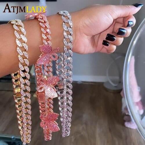 12mm Cuban Pink Butterfly Necklace Rose Gold Chain CZ Luxury sparking iced out bling cz cuban link chain choker Hiphop Jewelry