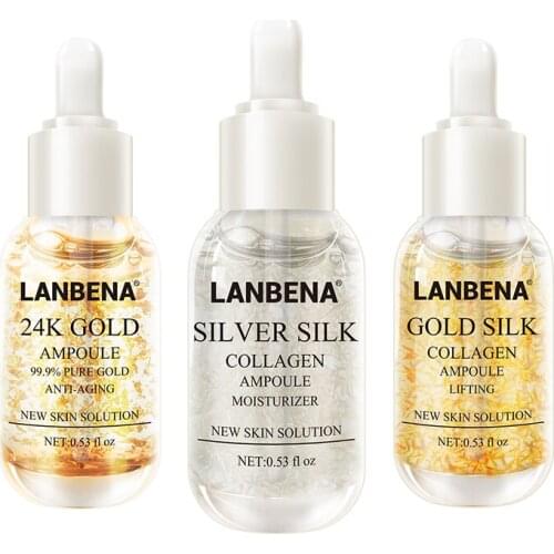 LANBENA 24K Gold+Silver Silk +Gold Silk Collagen Ampoule Serum Anti-Aging Lighten Spots Moisturizing Whitening Firming Skin Care