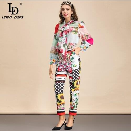 LD LINDA DELLA 2021 Designer Summer Fashion Suit Womens Long sleeve Floral print Chiffon Blouse and Pants 2 Two Pieces Set