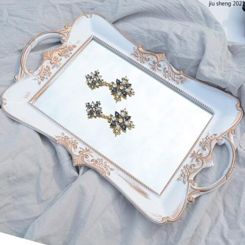 Golden Retro Mirror Tray Square Skin Care Products Necklace Storage Tray French Retro Palace Style Bathroom Shelf Home Ornaments