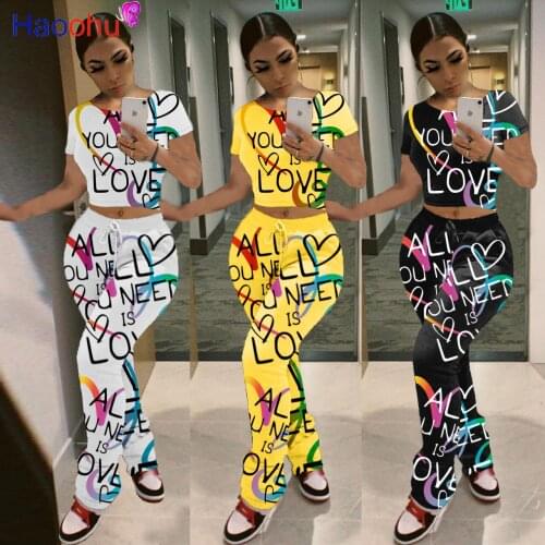 HAOOHU Letter Print 2 Piece Outfits Short Sleeve Crop Top and Sweatpants Lounge Wear Matching Sets 2021 Fishion Women Clothing