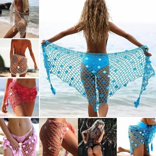 2019 New Arrival Summer Sexy Women Sequin Hollow Out Fishnet Crochet Mesh Bikini Cover Up Swimwear Bathing Beach Dress