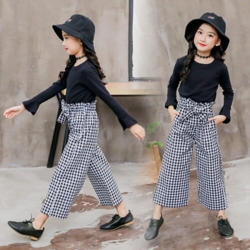 New Autumn Kids Girls Clothing Set Flare Long Sleeve Cotton T-shirt Tops Bow Plaid Wide Leg Pant Trouser 2PCS Children Clothes