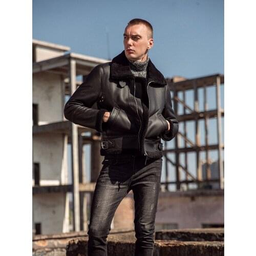 Autumn and Winter New Motorcycle B3 Sheepskin Shearling Wool Coat Mens Leather Classic Flight Jacket