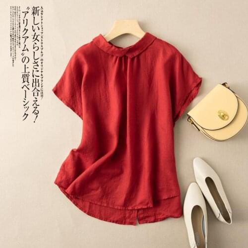 Casual Peter Pan Collar Cotton Linen Blouse Plus Size 2021 Summer New Fashion Women Short Sleeve Loose Shirts All-Matched
