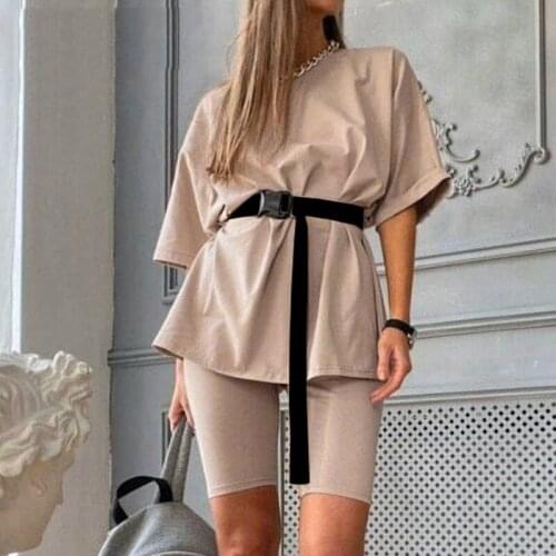 Casual Women Two Piece Set Outfits with Belt Tops+biker Shorts Summer Tracksuits Home Loose Sports Jogger Leisure Women Sets