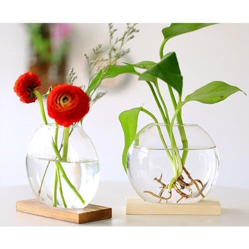Nordic Mini Glass Clear Flower Vase Plant Pot Hydroponic Terrarium Container Holder with Wood Stand for Home Office Garden Decor