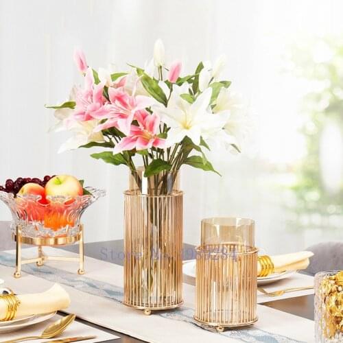 Modern Glass Vase Hydroponics Golden Metal Rack Decoration Living Room Desktop Flower Arrangement Artificial Flower Flowers Vase