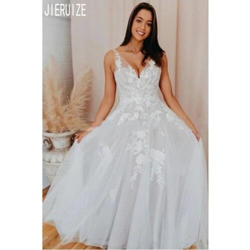 JIERUIZE Modern Boho Wedding Dresses V Neck Lace Appliques A Line Backless Bride Dresses Beach Wedding Gowns Vestidos de novia