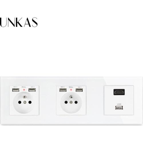 UNKAS HDMI-Compatible 2.0 USB 3.0 + Dual French Standard Socket With 4 USB Charge Port Hidden Soft LED Indicator Glass Panel