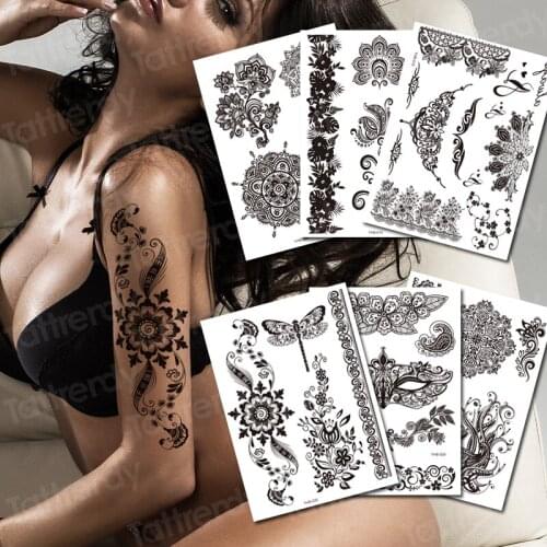 Temporary tattoo for women black henna tattoo mandala stretch flower jewelry tattoo sticker sleeve breast hand tatoo fake water