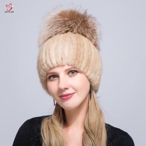 Women knitted mink fur hat styles woman fur cap with fox fur pompom lining women winter hats real fur hat woman winter hat