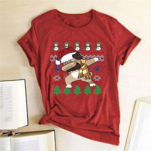Women Funny Christmas T Shirt Femme Christmas Top Party Style TShirt Dog Dancing Printed Crewneck Short Sleeve Graphic Tee Shirt