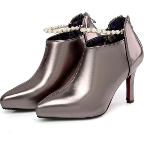 Big Size - boots women shoes ankle boots for women ladies boots shoes woman winter Rear zipper pearl beaded trim