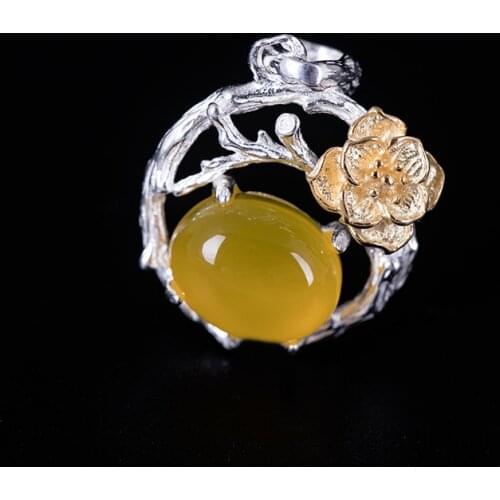 Real 925 Sterling Silver Outstanding temperament pendant female retro literary yellow chalcedony hollow flower for necklace
