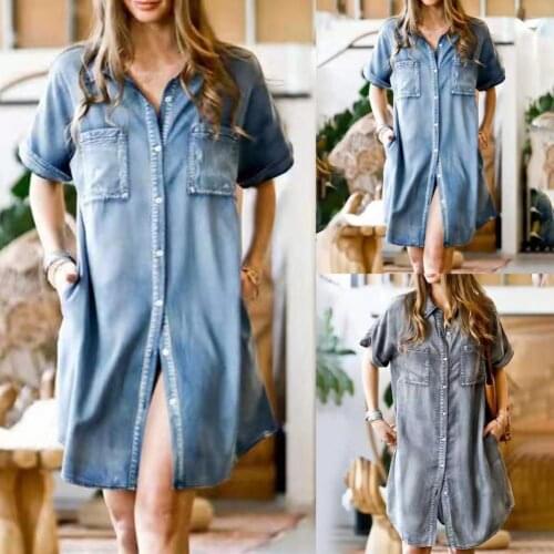 Streetwear Popular Lapel Short Sleeve Mid Waist Dress Women Denim Dress Mid Waist for Daily Wear