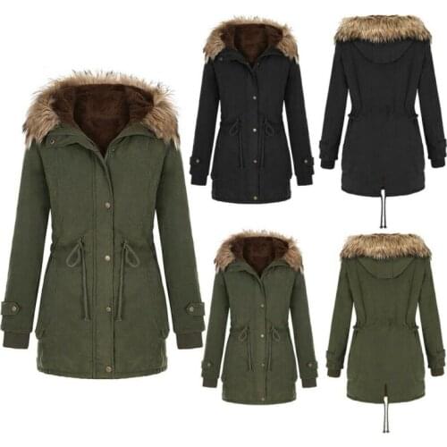 Ladies Fur Lined Coat Womens Winter Warm Thick Hooded Overcoat Outerwear