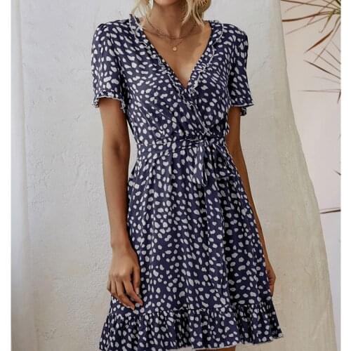 Women Tie-up Ruffle Dress Adults Spot Print V-neck Short Sleeve Lettuce Trim