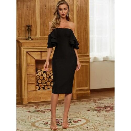 Women Luxury Sexy Strapless Short Sleeve Backless Ruffles Black Bodycon Bandage Dress 2020 Female Fashion Summer Dress Vestidos
