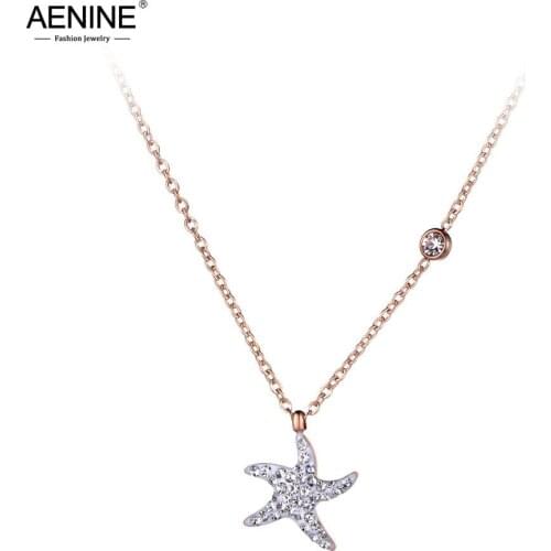 AENINE Bohemia CZ Rhinestone Clay Chokers Necklaces For Women Girls Rose Gold Stainless Steel Starfish Pendant Jewelry AN19026