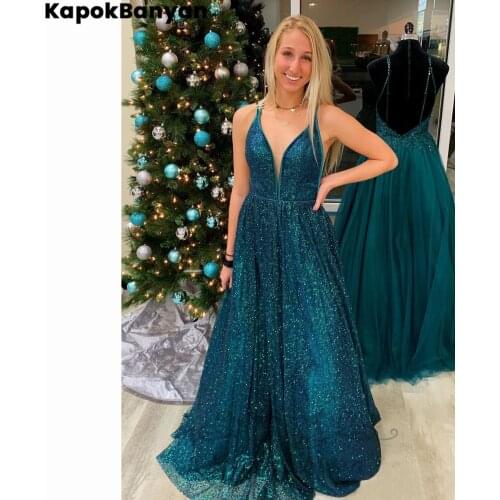 Teal Shiny Fabric Sweetheart Backless Zipper Long A-line Prom Dresses Sleeveless Sweep Train Party Gown