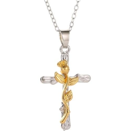 Exquisite Two Tone Flower Plant Cross Pendant Necklace Jewelry Gift for Women Valentines Day Charm Clavicle Chain Fine Jewelry