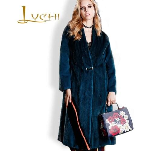 LVCHI Classic black 2019 Winter Thick Warm Fur Mink Overcoats Single Button Genuine Leather Womens Long Mink tunic Coat Fur