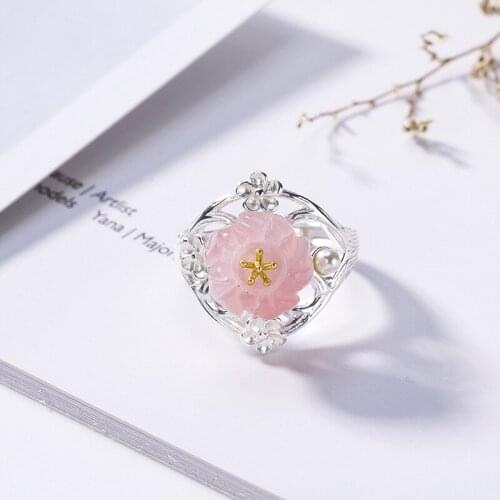Trendy New 925 pure silver powder plum flower ring natural personality and fresh joker ms powder crystal rings jewelry