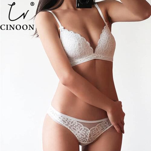 CINOON Sexy Lace 3/4 Cup Bra Sets For Women Wireless Thin Cotton Breathable Comfortable Underwear Solid color Lingerie Set