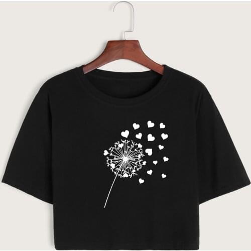 Dandelion Wildflower Womens Crop Shirt Cropped T-Shirt Crop Top Tee Summer Short Sleeve Cotton Tops Girls Graphic T-Shirts