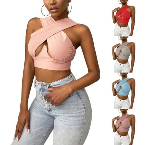 Women Cross Wrap Crop Tops, Adults Summer Sleeveless Solid Color Cutout Tank Tops 2021 New Fashion