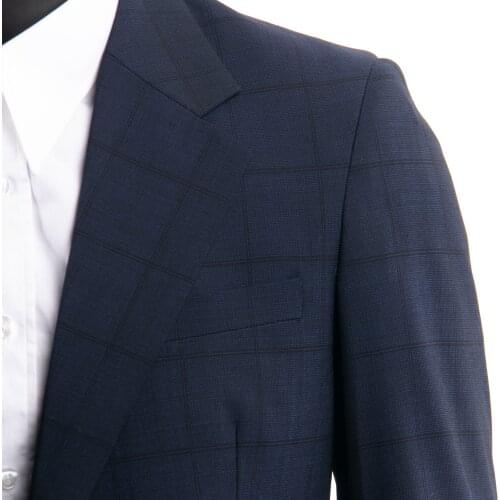 Smart Casual Navy Plaid Suit Custom Made Slim Fit Dark Blue Patterned Suits With Nailhead Pattern, Subtle Plaid Wool Blend Suit