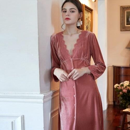Nightgowns Sleepshirts Autumn Long Sleeve Women Solid Color Sleepwear V-neck Lace Sexy High Waist Warm Velvet Nightwear Vestidos