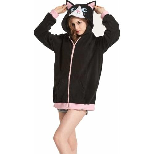 Novelty Fashion Cartoon Cute Black Cat Sweatshirt Tracksuits Women gardigan hoodies Girl Winter cute Hooded Jacket