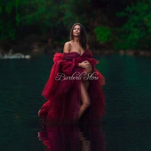 Charming Burgundy Tulle Pregnant Women Dress Long Robe Pretty Ruffle Tiered Maternity Gowns To Photography Bridal Dresses 2021