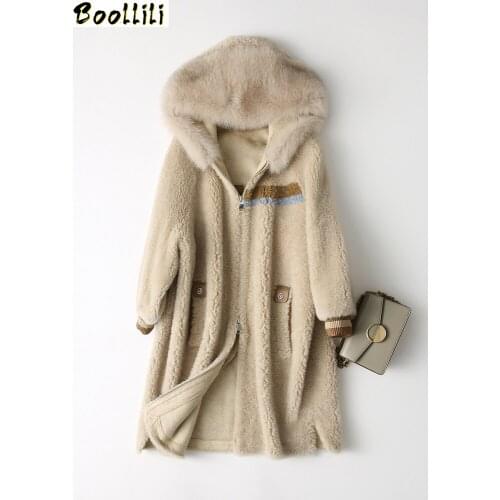 Boollili Real Fur Coat Women 100% Wool Jacket Women Clothes 2020 Fox Fur Collar Hooded Sheep Shearing Winter Coat Women