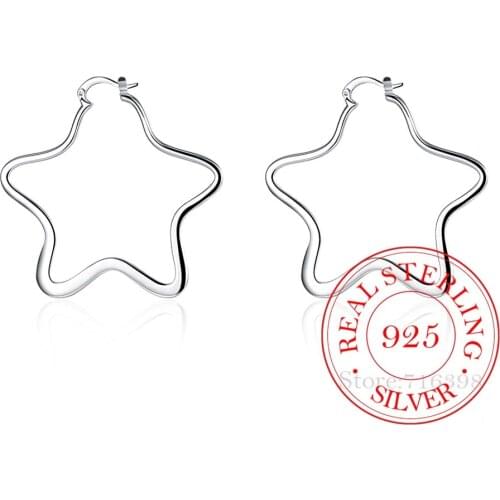 Personality Hyperbole 100% 925 Sterling Silver Simple Smooth Big Star Hoop Earrings For Women Sterling-Silver-Jewelry Pendientes