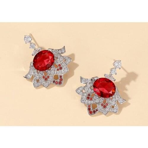 Rose red zircon gold-plated skirt earrings luxury temperament fan ladies earrings