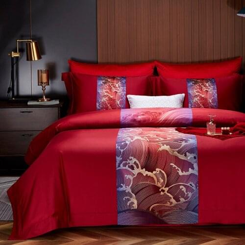 Luxury 100S Egyptian Cotton Chinese Wedding Embroidery Bedding Set Duvet Cover Set Quilt Cover Bed Comforter Set Fitted Sheet
