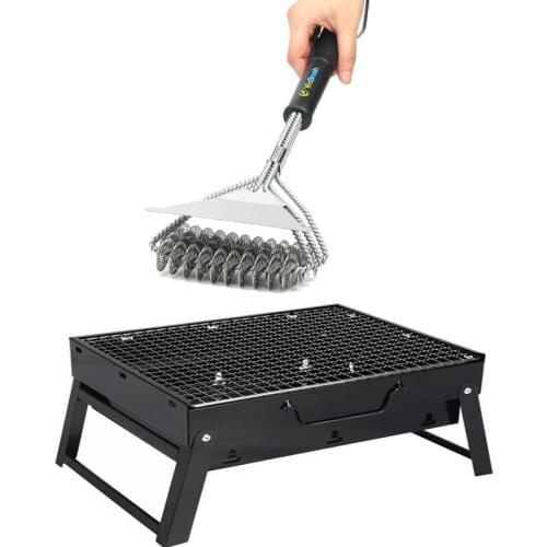 Barbecue Clean Brush Spring Three-Head Stainless Steel Oven Grill Cleaning Brush BBQ Brush Bbq Grill Outdoor