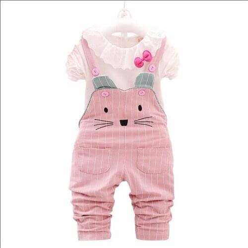 Kid Toddler Tracksuit Spring Autumn Fashion Baby Girl Cotton T-Shirt Striped Cat Belt Pants 2 Pcs Childrens Set Baby Tracksuit