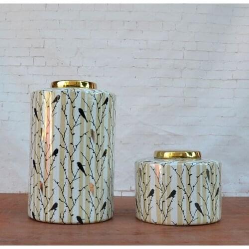 Tao Caicai ceramic ornaments of European foreign trade round pot with golden flower pattern decoration decorative pot lid