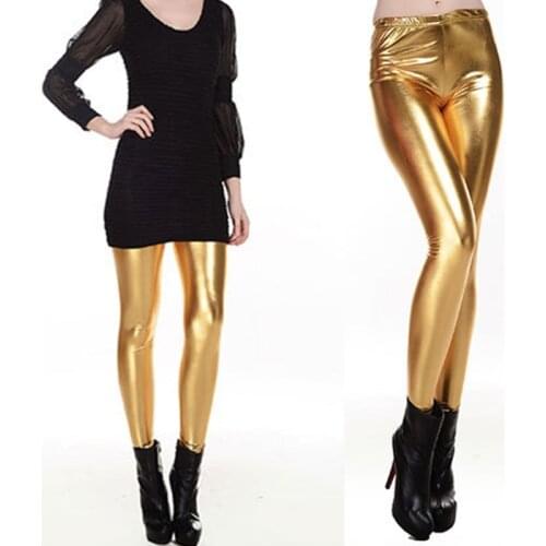 Women Shiny Silver Gold Leggings High-Waisted Faux Leather Stretch Pencil Pants Drop Shipping