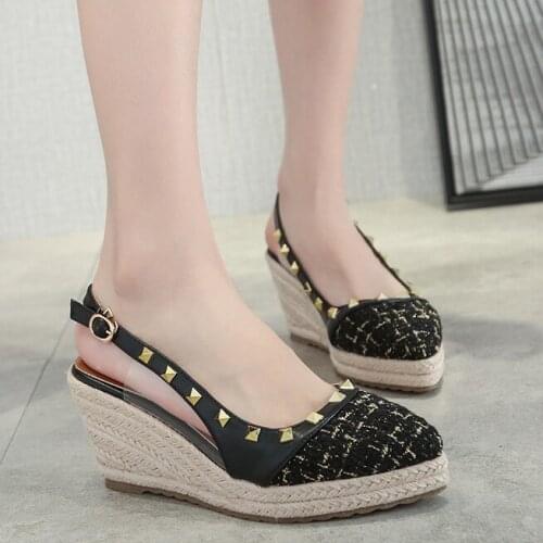 EAGSITY women wedge shoes pointed toe high heels platform rivet office lady pumps slingback party espadrilles shoes