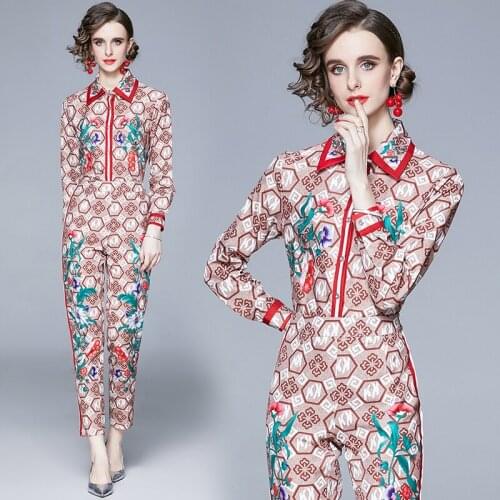 Spring Summer Fall Runway 2 Piece Womens Ladies Sets Retro Vintage Print Collar Long Sleeve Top Shirt Blouse Pant Suits Outfits
