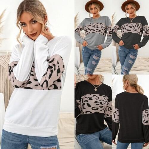Womens fall/winter 2021 casual knitted leopard print pullover long-sleeved round neck contrast stitching sweater women