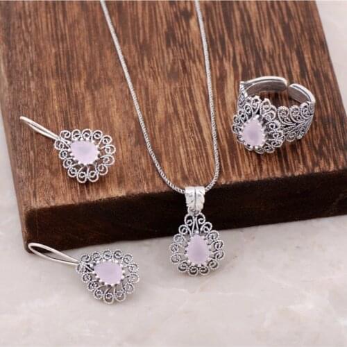 Womens Pink Quartz Stone Silver Jewelry Set Necklace Earrings Bracelet Handmade Diamond Fashion Pendants Wedding Birthday Gift