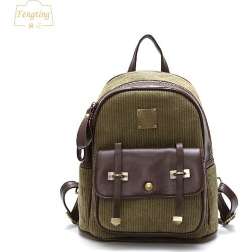 Army green mini corduroy backpack women 2019 shopping packpack girls shoulder bag with belts zipper & hasp black FENGTING FTB001