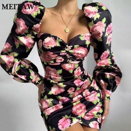 2021 Ladies Long Sleeve Floral Print Sexy Mini Dress Summer Spring Elegent Women Dress Female Fashion Bodycon Dress